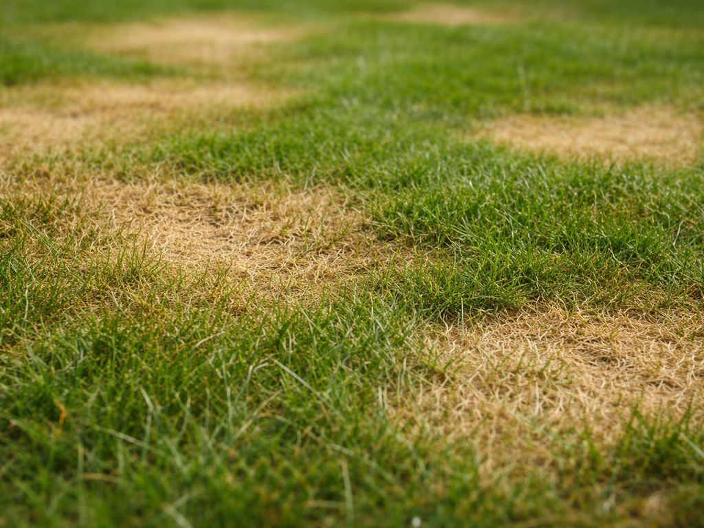 Gros plan d’une pelouse avec zones jaunies et plaques irrégulières, contraste entre herbe claire et verte.