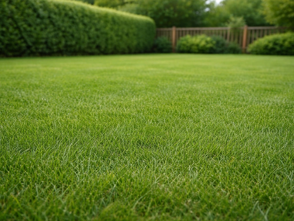 Pelouse dense et homogène dans un jardin français, brins fins, traces de passage très légères, effet ultra résistant.