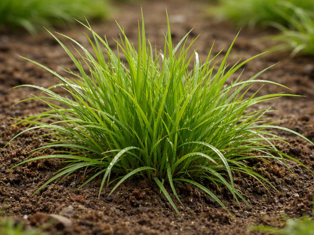 Plan rapproché de ray-grass anglais : brins fins et touffes denses, au sol, lumière naturelle.