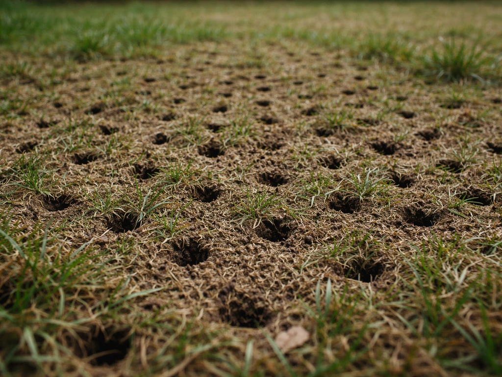 Pelouse après aération au scarificateur, micro-trous visibles et sol préparé pour le regarnissage