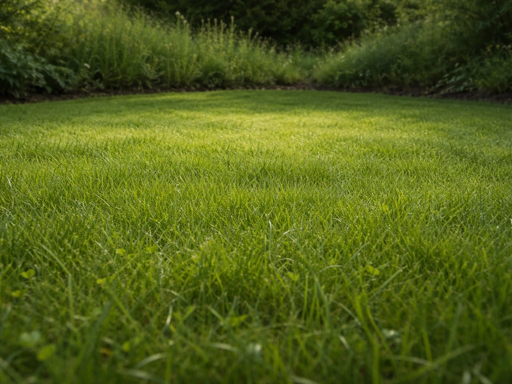 Pelouse rustique dense et verte dans un jardin français, vue rapprochée montrant la tenue du gazon après installation.