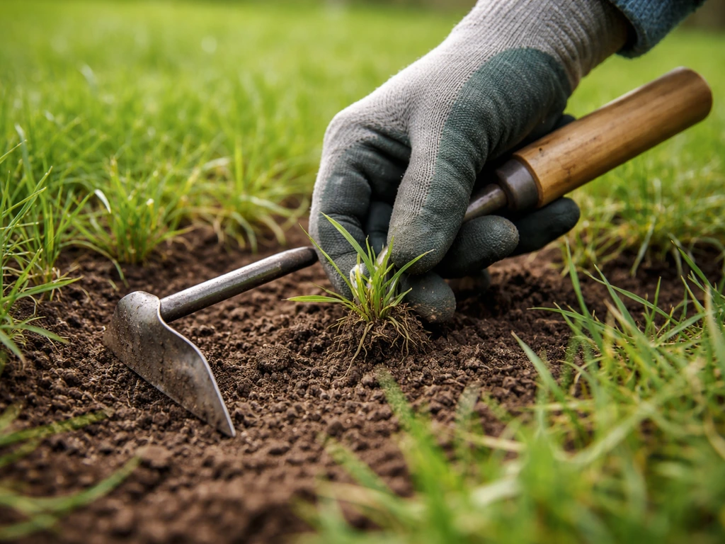 Jeune mauvaise herbe arrachée à la binette sur une pelouse fraîchement installée, sol humide et vert tendre.